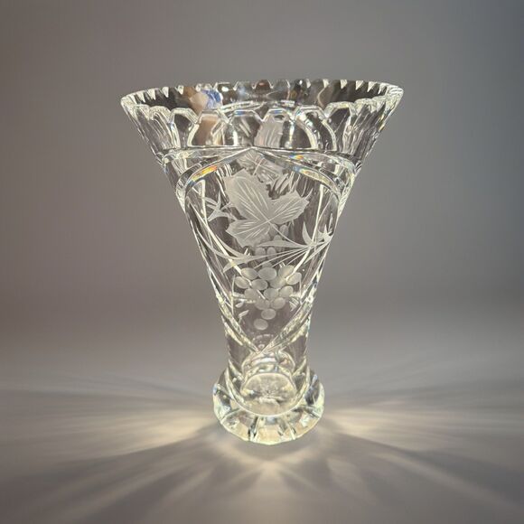 Vintage Crystal clear cut glass Vase Germany Lausitzer Glas etched grapes 10.5”
